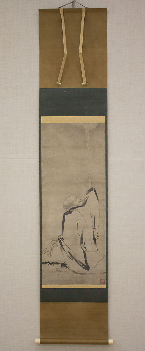 Hōtei Pointing to the Moon, Attributed to Shinno Noami (1397–1471), Hanging scroll; ink on paper, Japan