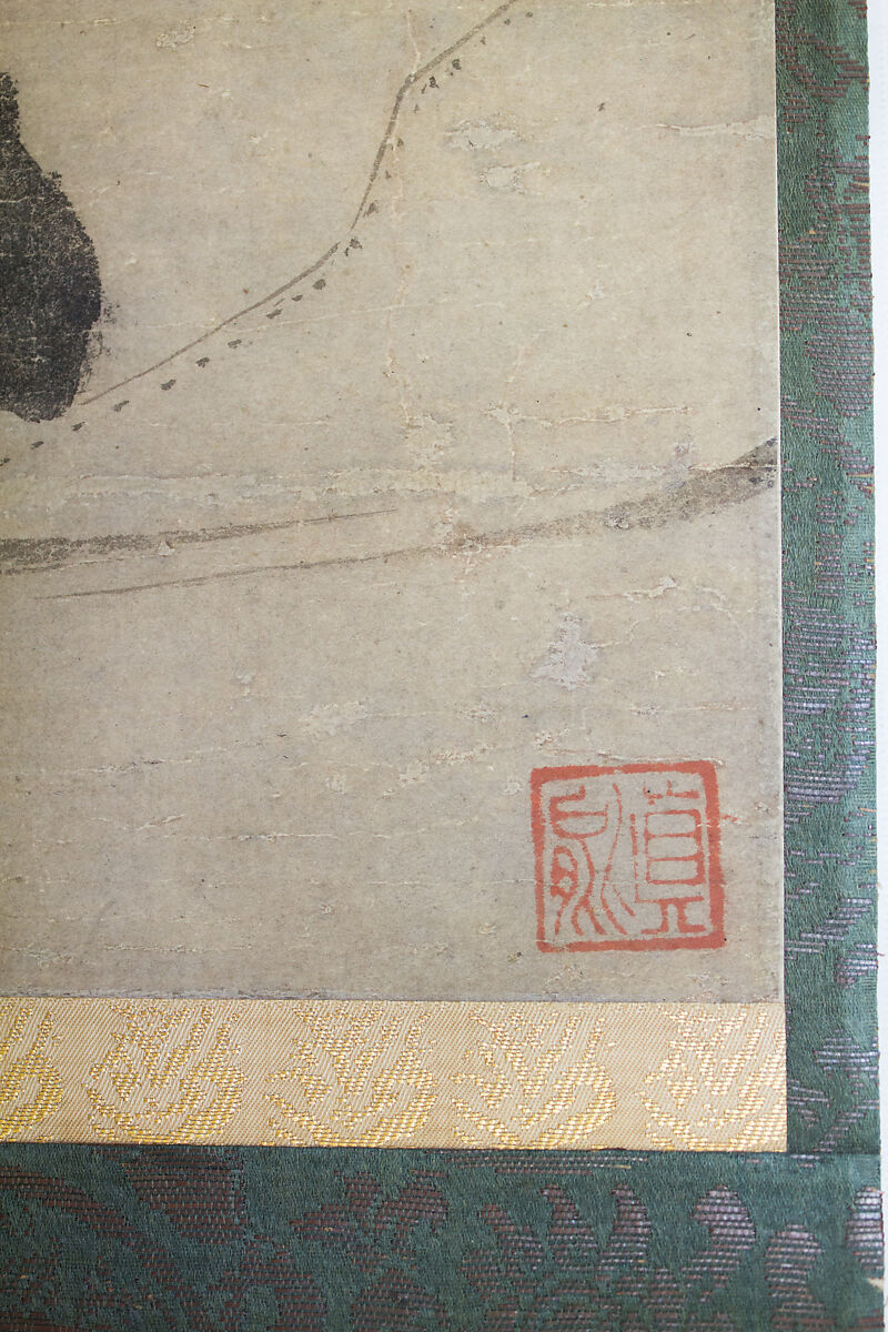 Hōtei Pointing to the Moon, Attributed to Shinno Noami (1397–1471), Hanging scroll; ink on paper, Japan