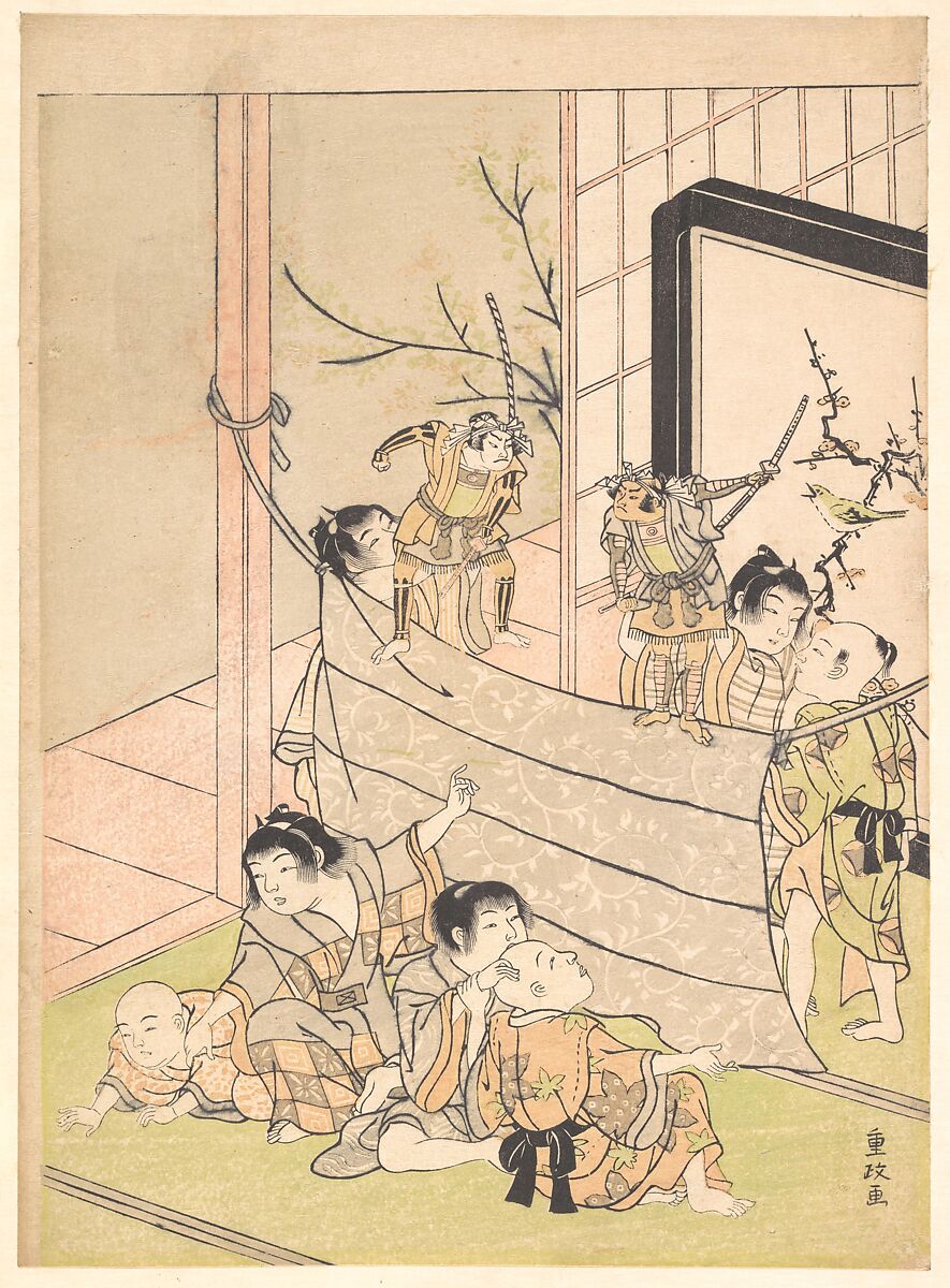 Young Boys Performing a Puppet Show, Kitao Shigemasa (Japanese, 1739–1820), Woodblock print; ink and color on paper, Japan 
