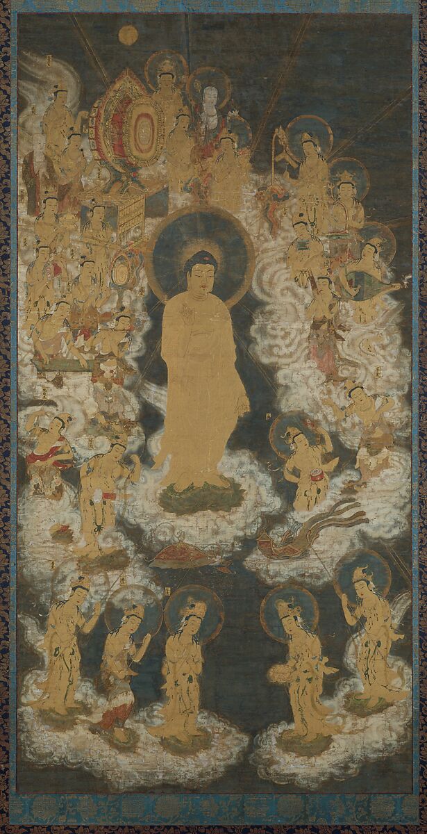 Welcoming Descent of Amida and Bodhisattvas, Unidentified artist, Hanging scroll; ink, color, and gold on silk, Japan 