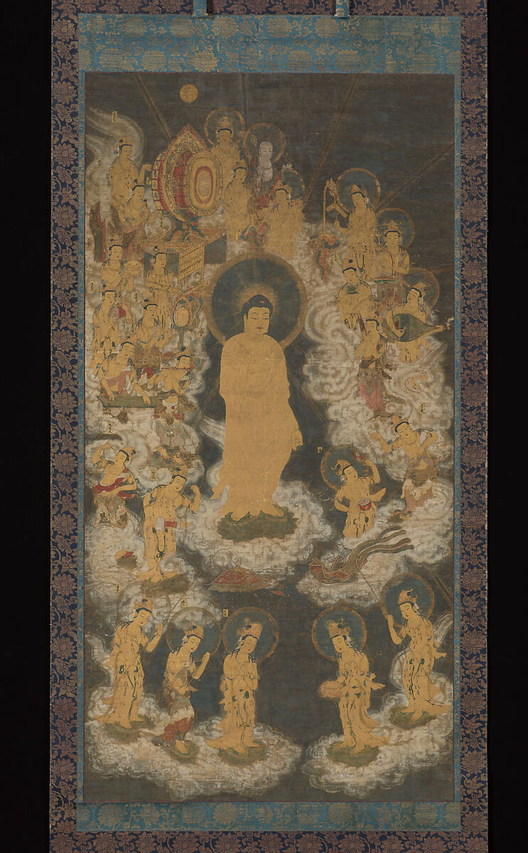 Welcoming Descent of Amida and Bodhisattvas, Unidentified artist, Hanging scroll; ink, color, and gold on silk, Japan