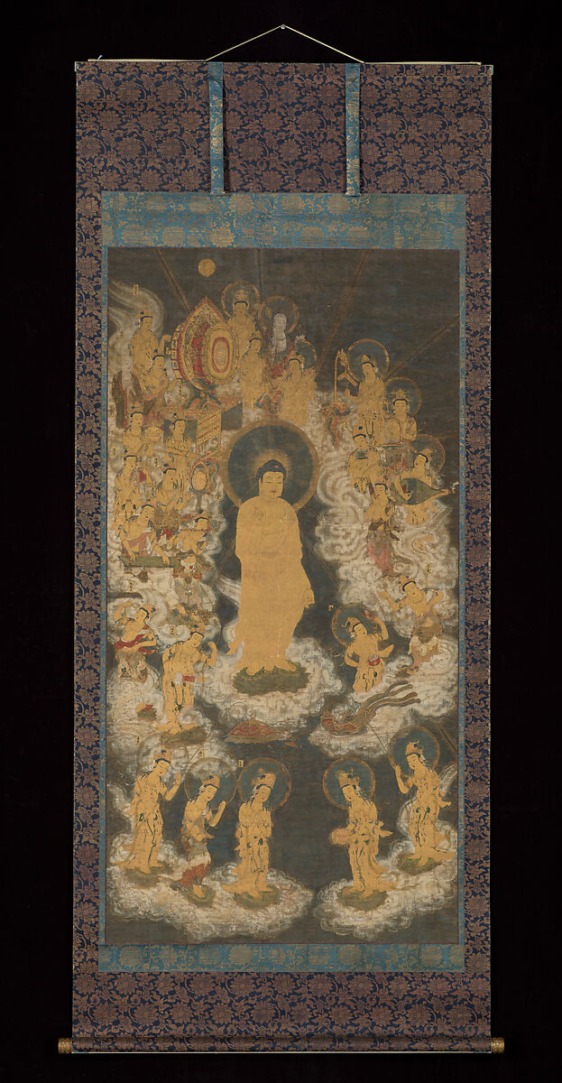 Welcoming Descent of Amida and Bodhisattvas, Unidentified artist, Hanging scroll; ink, color, and gold on silk, Japan
