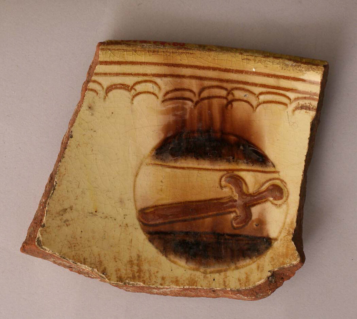 Fragment, Earthenware; incised and painted under transparent glaze 