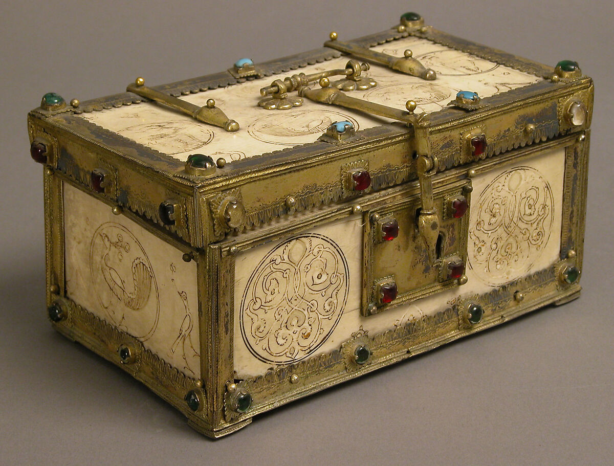 Casket with Painted Roundels, Ivory, painted; gilded silver mounts with glass, quartz, and turquoise inlays 