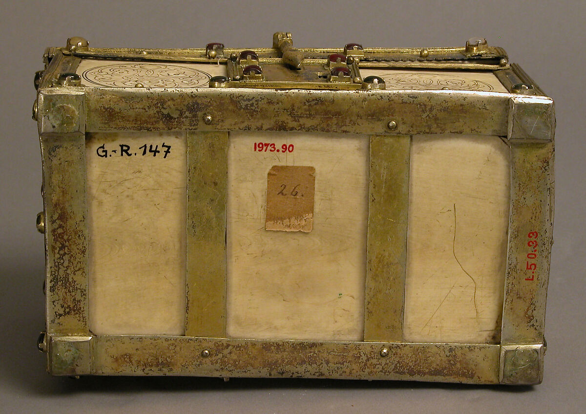 Casket with Painted Roundels, Ivory, painted; gilded silver mounts with glass, quartz, and turquoise inlays