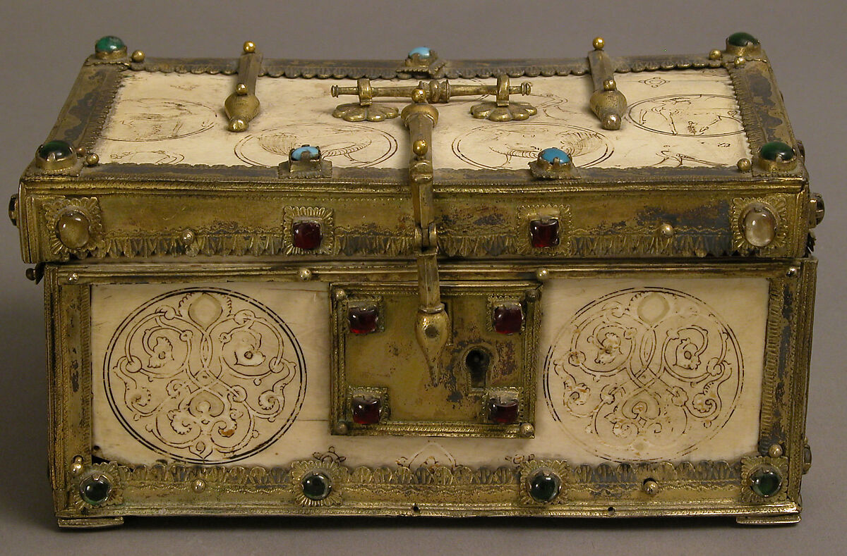 Casket with Painted Roundels, Ivory, painted; gilded silver mounts with glass, quartz, and turquoise inlays