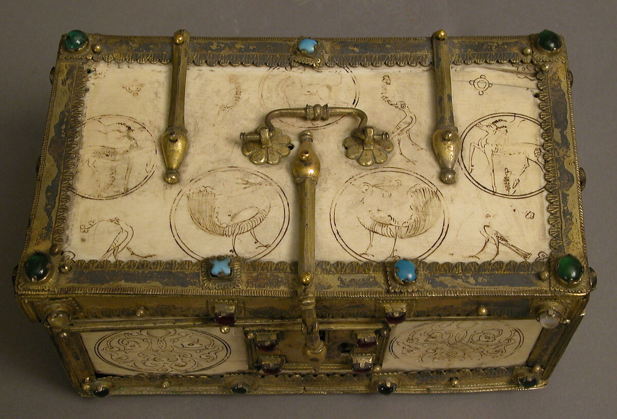 Casket with Painted Roundels, Ivory, painted; gilded silver mounts with glass, quartz, and turquoise inlays