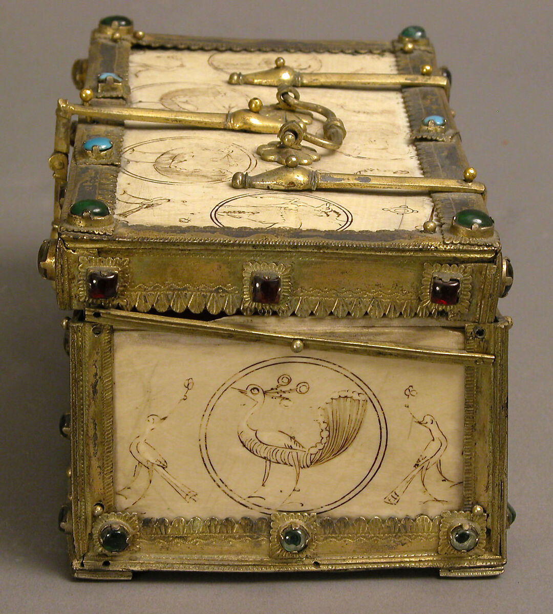 Casket with Painted Roundels, Ivory, painted; gilded silver mounts with glass, quartz, and turquoise inlays