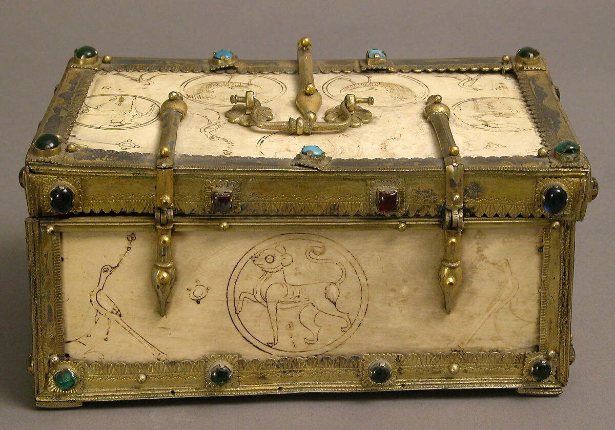Casket with Painted Roundels, Ivory, painted; gilded silver mounts with glass, quartz, and turquoise inlays