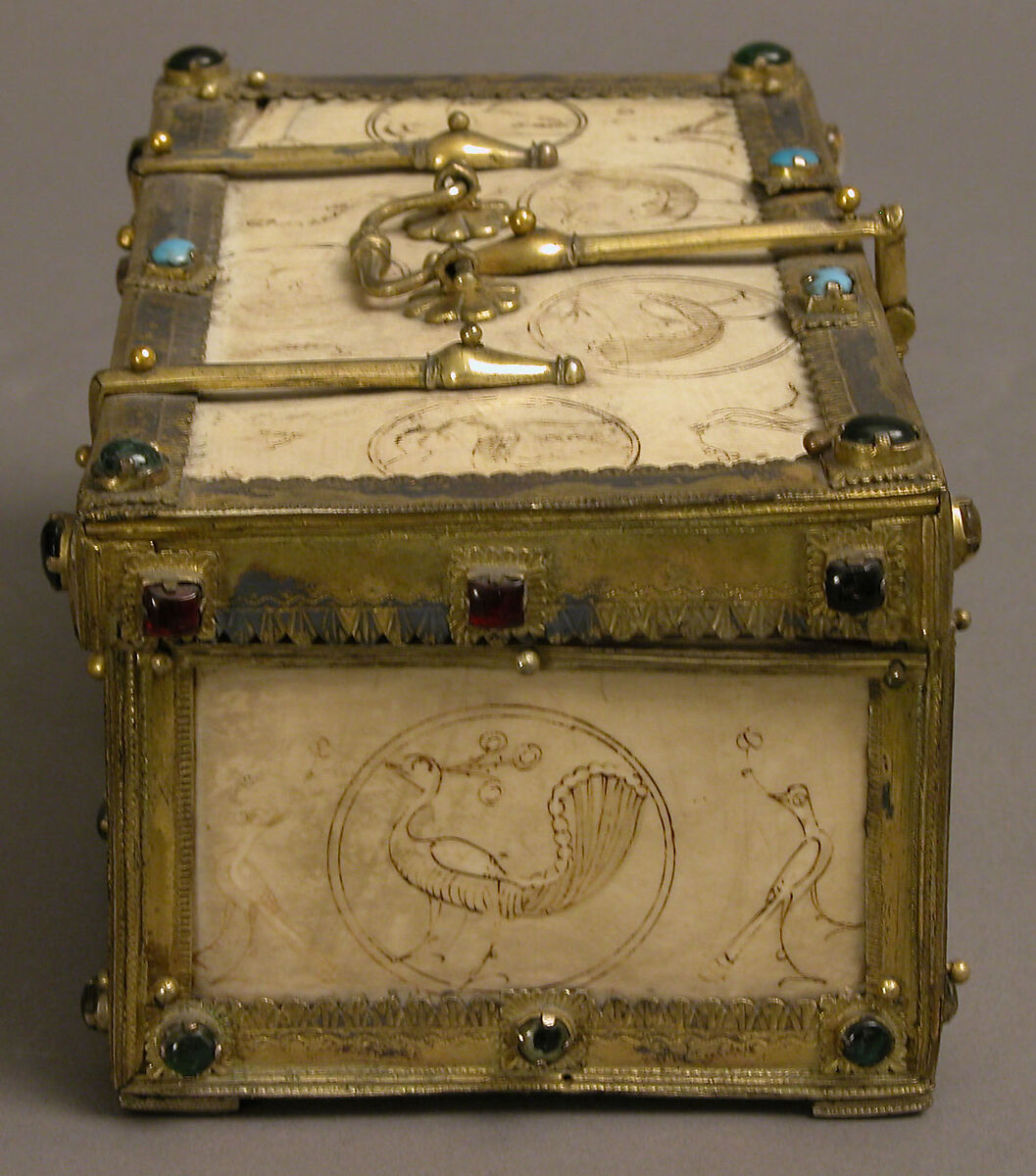 Casket with Painted Roundels, Ivory, painted; gilded silver mounts with glass, quartz, and turquoise inlays