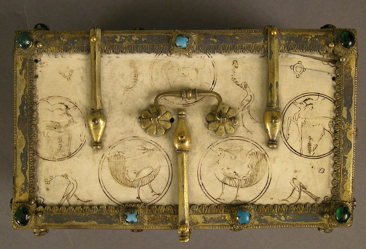 Casket with Painted Roundels, Ivory, painted; gilded silver mounts with glass, quartz, and turquoise inlays