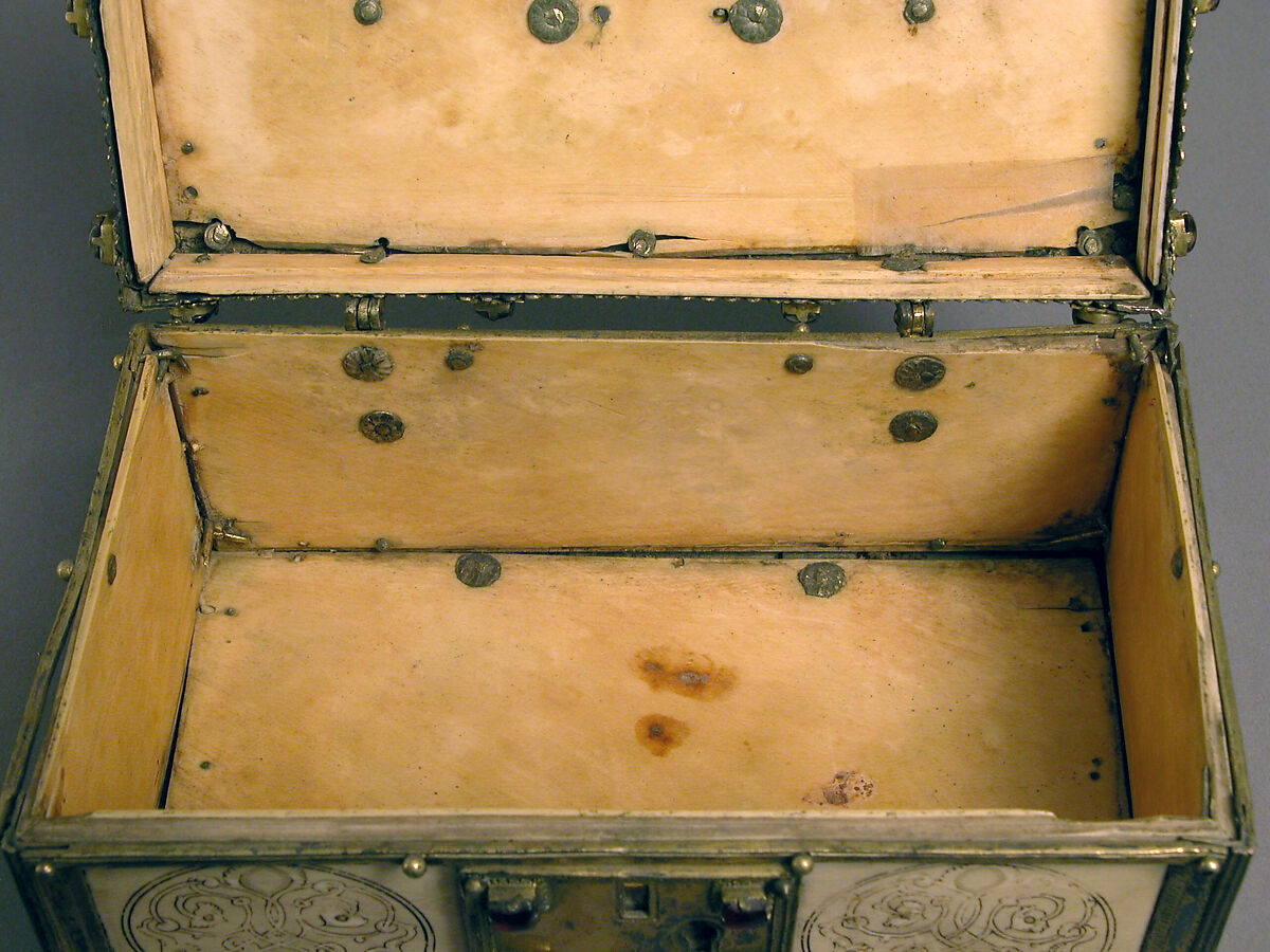 Casket with Painted Roundels, Ivory, painted; gilded silver mounts with glass, quartz, and turquoise inlays