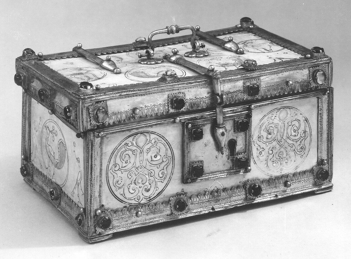 Casket with Painted Roundels, Ivory, painted; gilded silver mounts with glass, quartz, and turquoise inlays