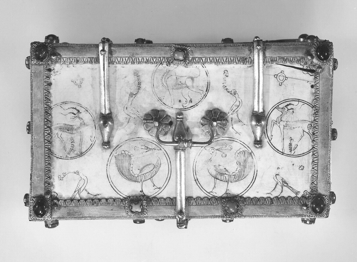 Casket with Painted Roundels, Ivory, painted; gilded silver mounts with glass, quartz, and turquoise inlays