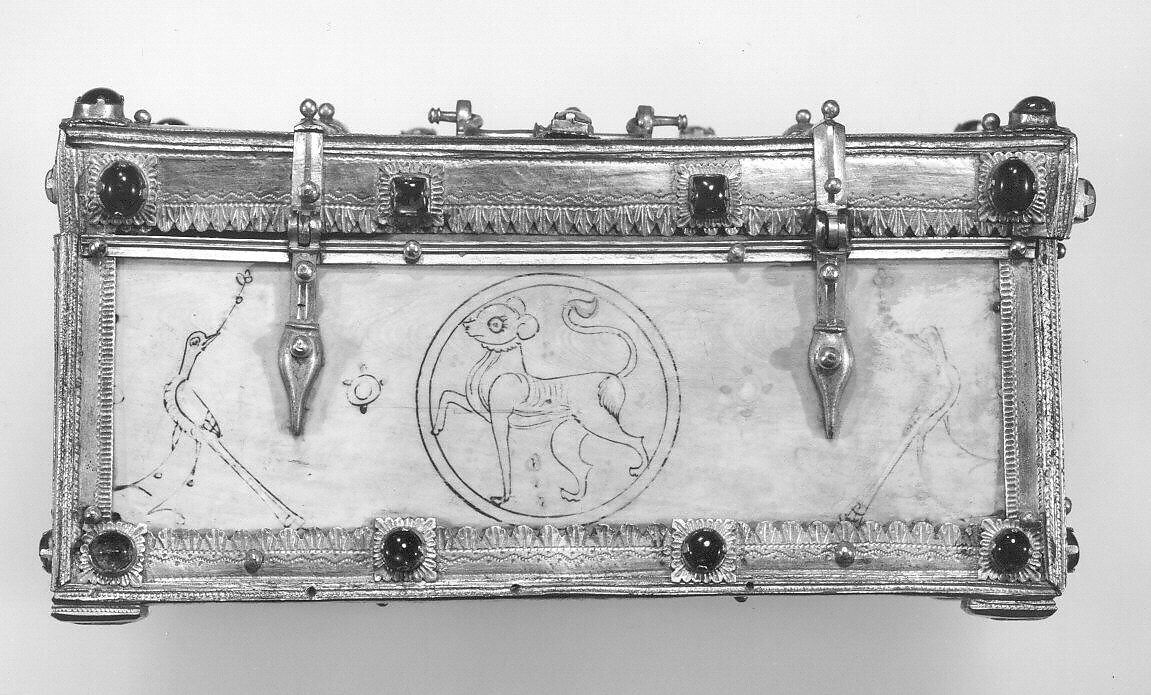 Casket with Painted Roundels, Ivory, painted; gilded silver mounts with glass, quartz, and turquoise inlays
