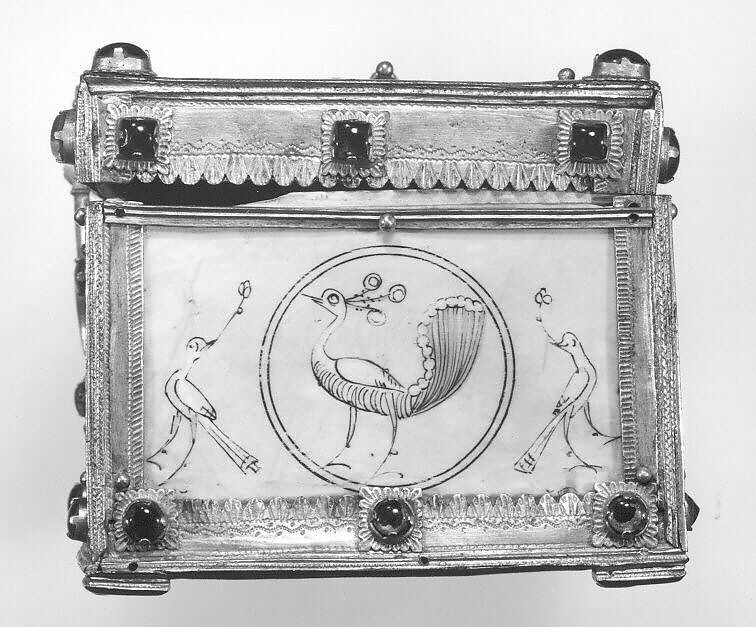 Casket with Painted Roundels, Ivory, painted; gilded silver mounts with glass, quartz, and turquoise inlays