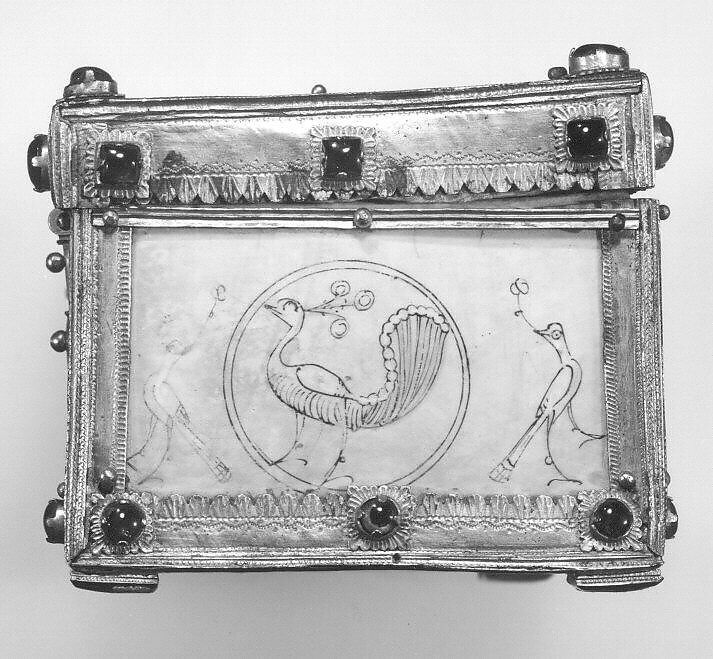 Casket with Painted Roundels, Ivory, painted; gilded silver mounts with glass, quartz, and turquoise inlays