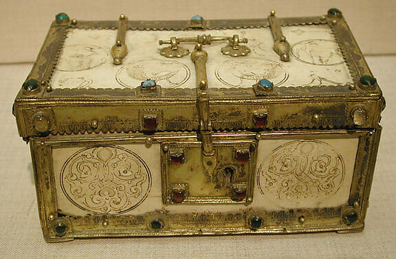 Casket with Painted Roundels, Ivory, painted; gilded silver mounts with glass, quartz, and turquoise inlays