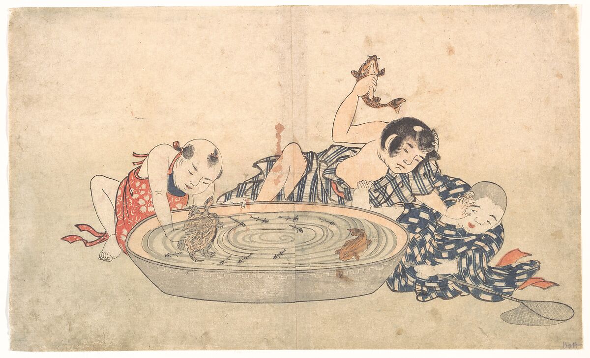 Boys Playing with a Basin of Fish and Turtles, Kitao Shigemasa (Japanese, 1739–1820), Woodblock print; ink and color on paper, Japan 