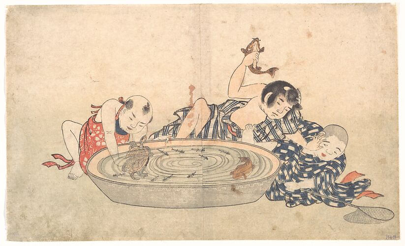 Boys Playing with a Basin of Fish and Turtles