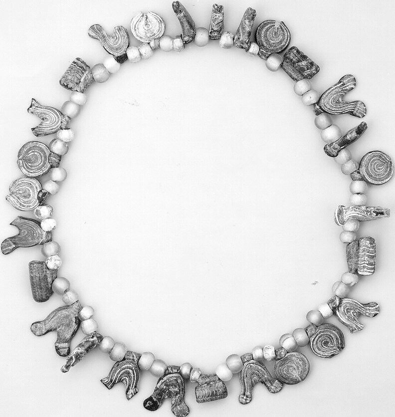 Necklace with Bird, Circle and Cylinder Beads, Glass, colorless, amber, opaque white, opaque red; wound and hot-worked