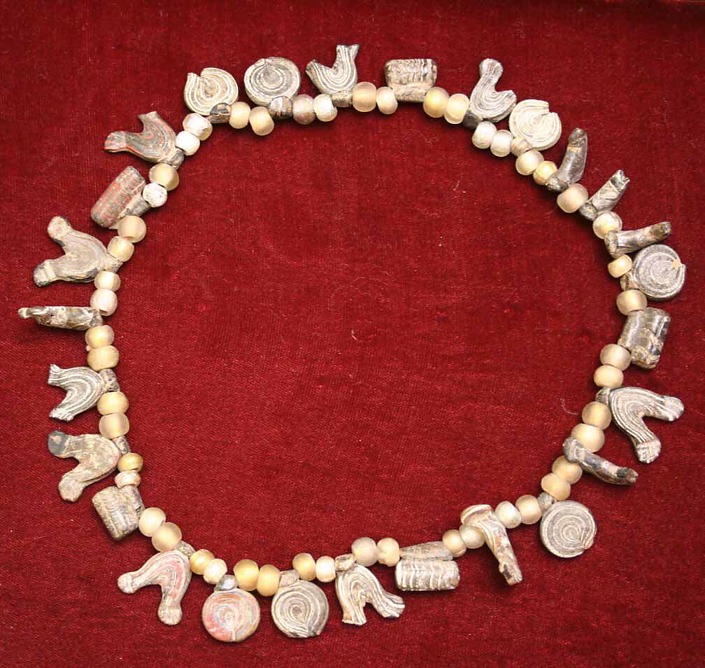 Necklace with Bird, Circle and Cylinder Beads, Glass, colorless, amber, opaque white, opaque red; wound and hot-worked