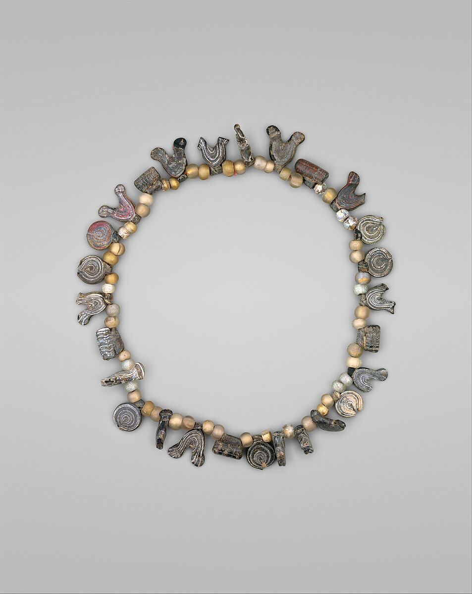 Necklace with Bird, Circle and Cylinder Beads, Glass, colorless, amber, opaque white, opaque red; wound and hot-worked 
