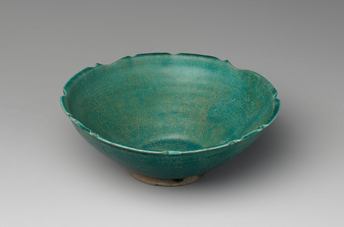 Turquoise Bowl with Carved Rim, Stonepaste; monochrome glazed