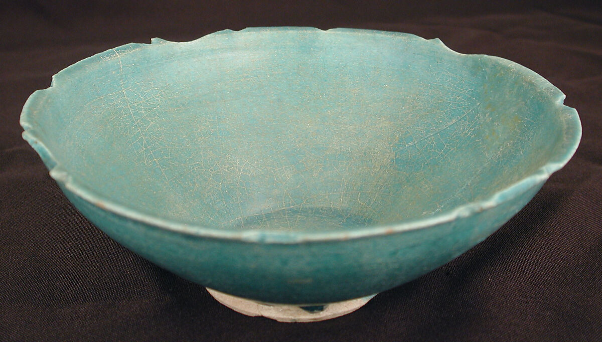 Turquoise Bowl with Carved Rim, Stonepaste; monochrome glazed