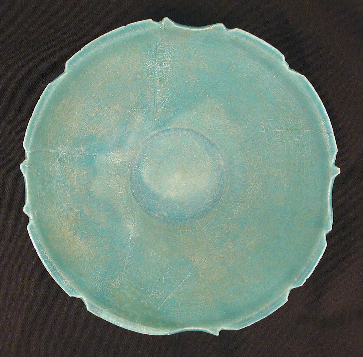 Turquoise Bowl with Carved Rim, Stonepaste; monochrome glazed