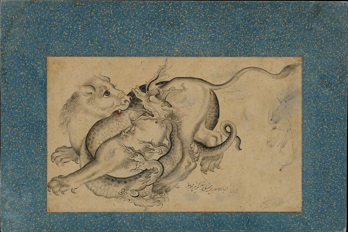 Lion and Dragon in Combat, Painting by Muhammad Baqir (Iranian), Ink and watercolor on paper