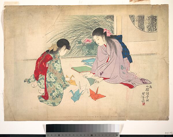 Young Girls Making Paper Cranes, Terazaki (Japanese, 1866–1919), Woodblock print; ink and color on paper, Japan 