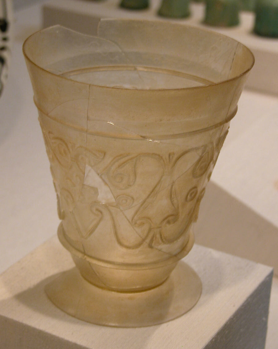 Beaker with Relief-cut Decoration, Glass, colorless; blown, cut