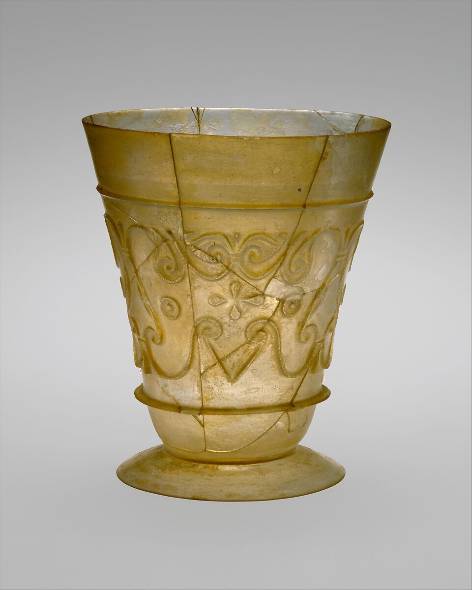 Beaker with Relief-cut Decoration, Glass, colorless; blown, cut