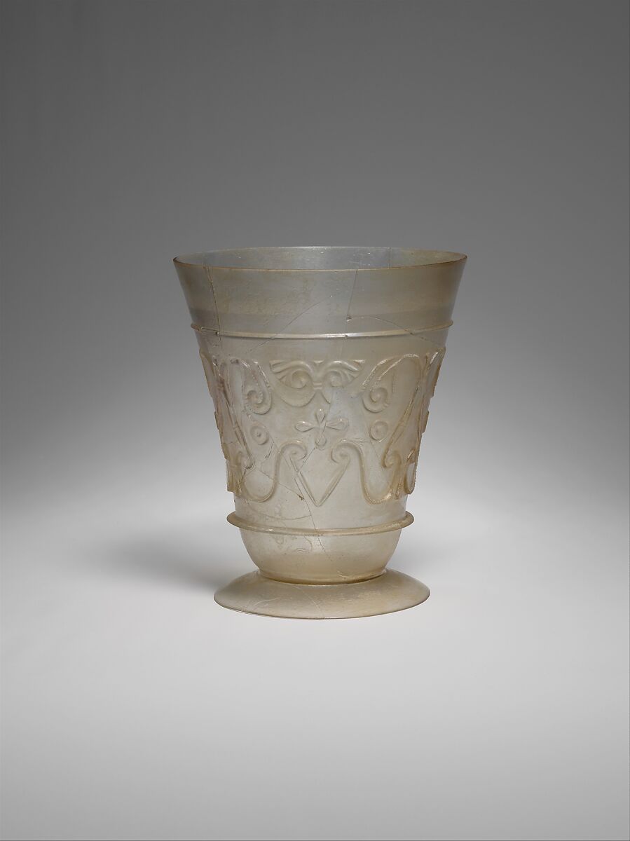 Beaker with Relief-cut Decoration, Glass, colorless; blown, cut