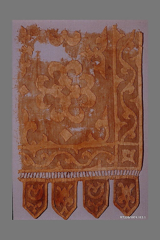 Textile Fragment, Linen, silk, metal wrapped thread; plain weave; appliqué