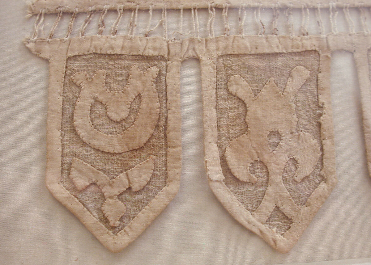 Textile Fragment, Linen, silk, metal wrapped thread; plain weave; appliqué