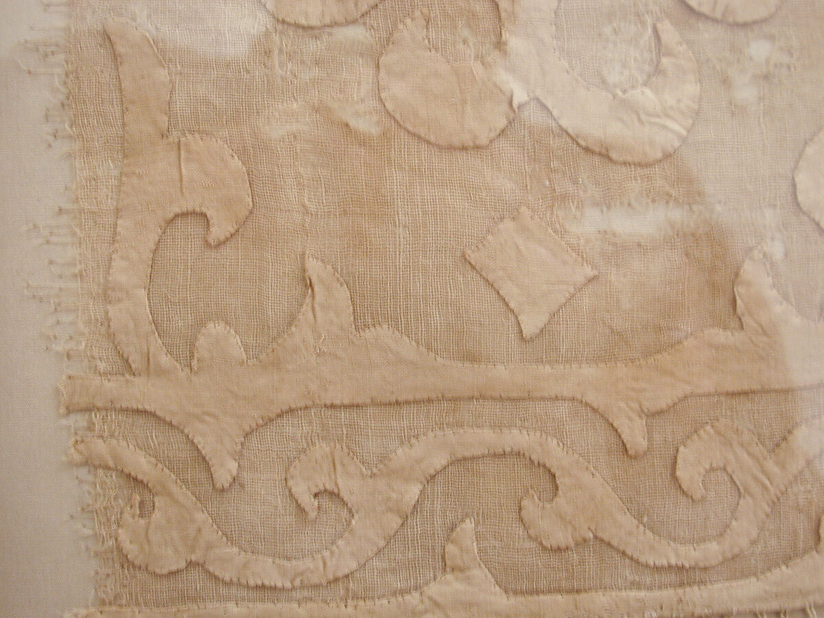 Textile Fragment, Linen, silk, metal wrapped thread; plain weave; appliqué