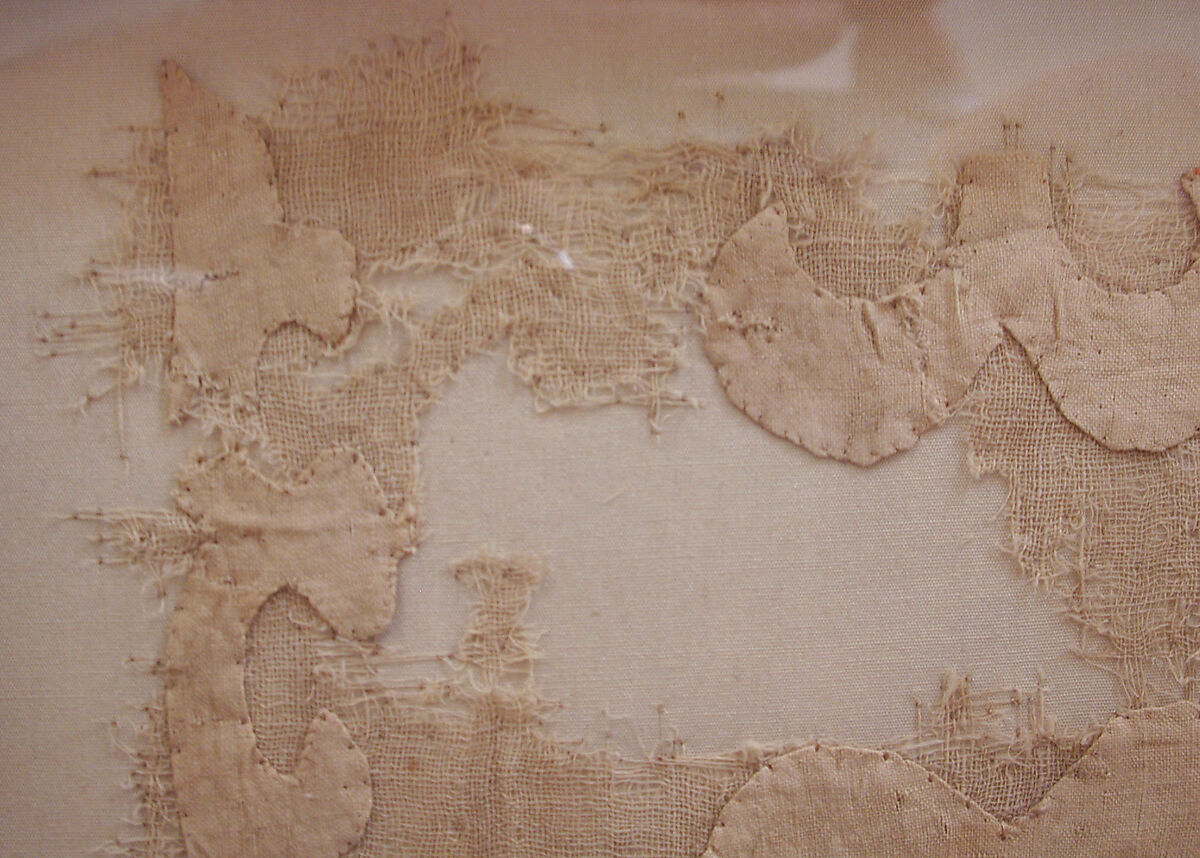 Textile Fragment, Linen, silk, metal wrapped thread; plain weave; appliqué