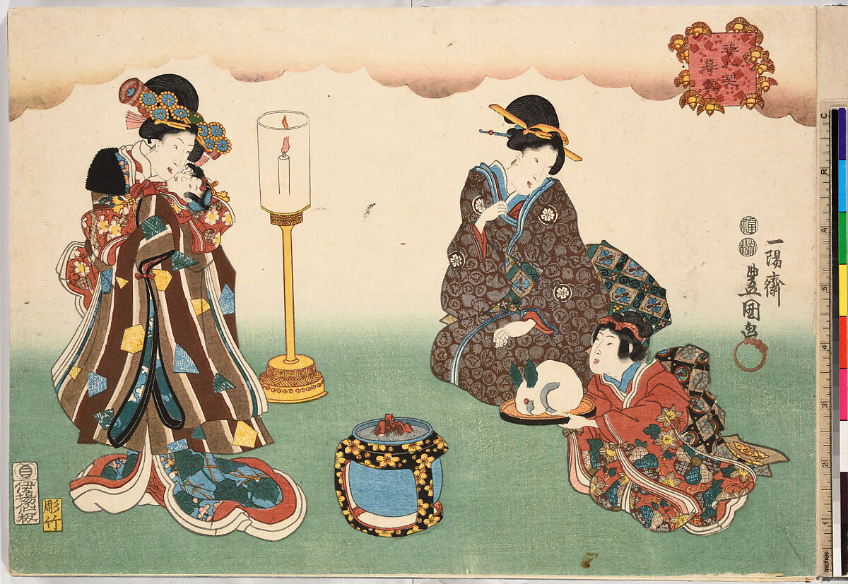 Evening Snow (Bo-setsu), from the series, "Eight Figural Views" (Sugata Hakkei), Utagawa Kunisada (Japanese, 1786–1864), Polychrome woodblock print, Japan
