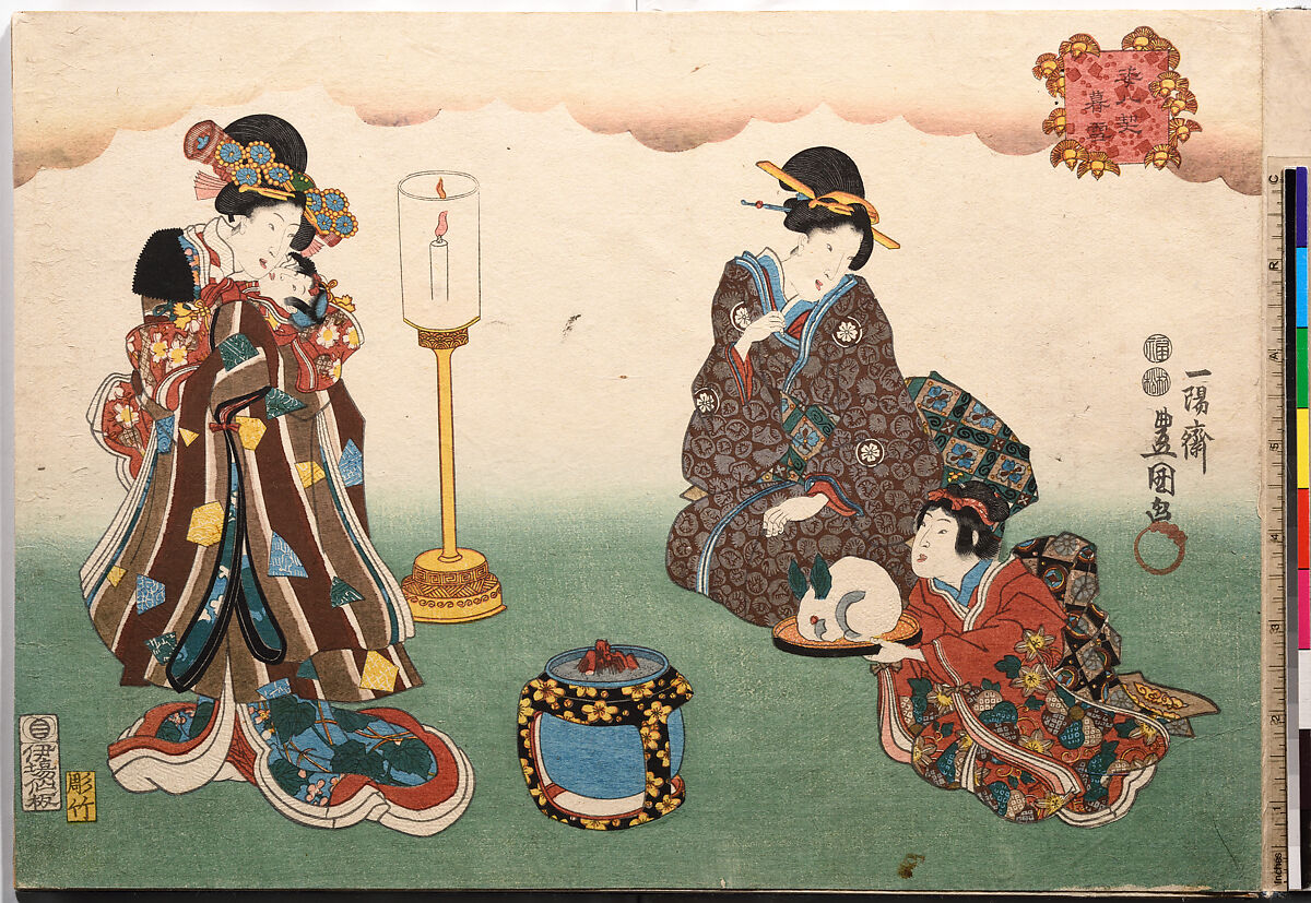 Evening Snow (Bo-setsu), from the series, "Eight Figural Views" (Sugata Hakkei), Utagawa Kunisada (Japanese, 1786–1864), Polychrome woodblock print, Japan