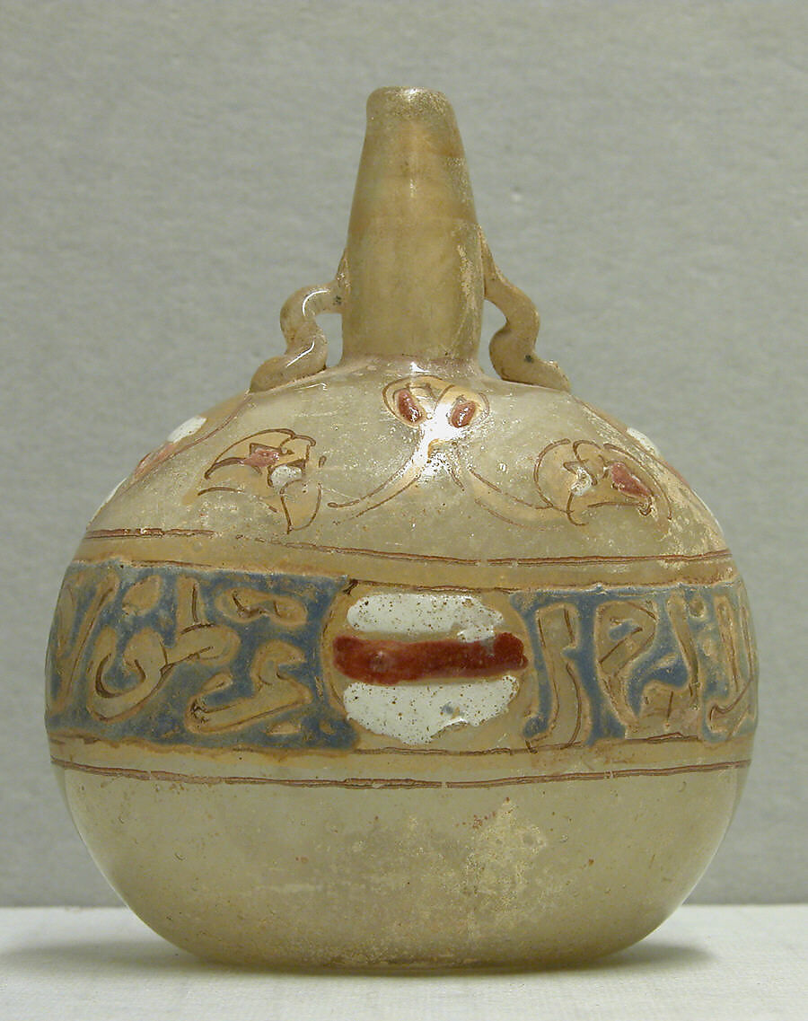 Sprinkler Bottle with Fesse Emblem, Glass, colorless; blown, applied handles, enameled, and gilded