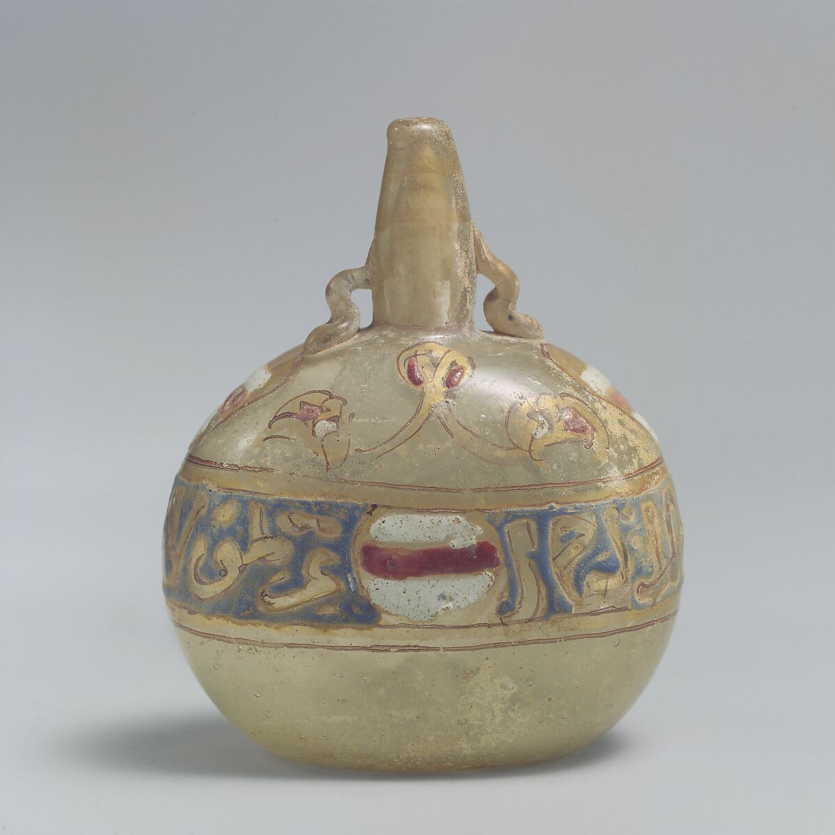 Sprinkler Bottle with Fesse Emblem, Glass, colorless; blown, applied handles, enameled, and gilded 