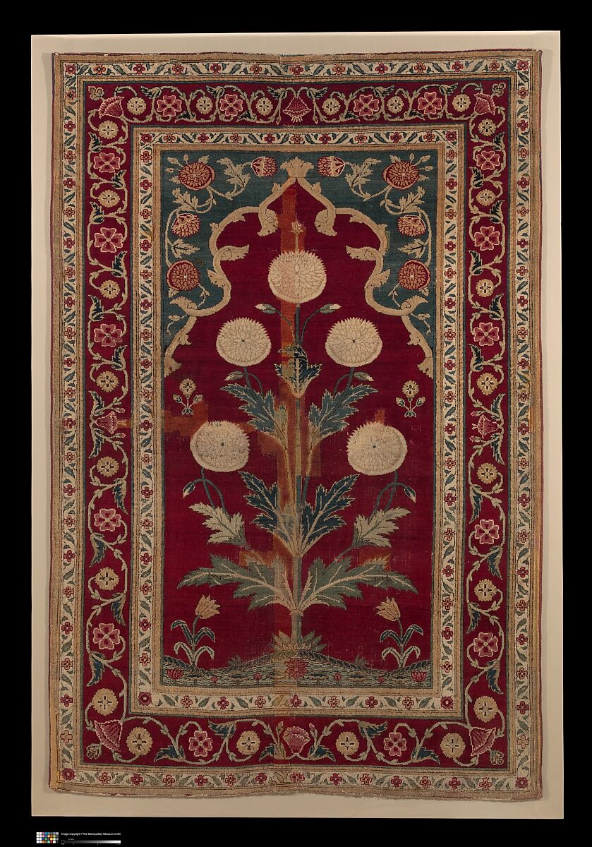 Carpet with Niche and Flower Design, Cotton (warp and weft), silk (weft), wool (pile); asymmetrically knotted pile