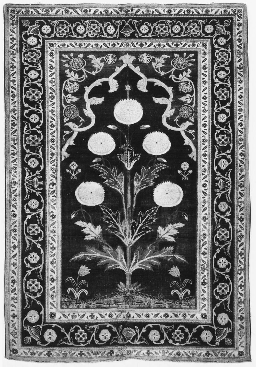 Carpet with Niche and Flower Design, Cotton (warp and weft), silk (weft), wool (pile); asymmetrically knotted pile