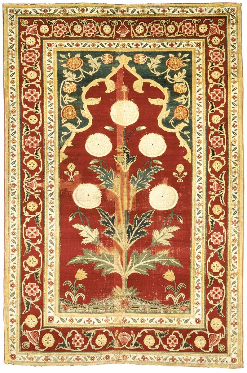 Carpet with Niche and Flower Design, Cotton (warp and weft), silk (weft), wool (pile); asymmetrically knotted pile