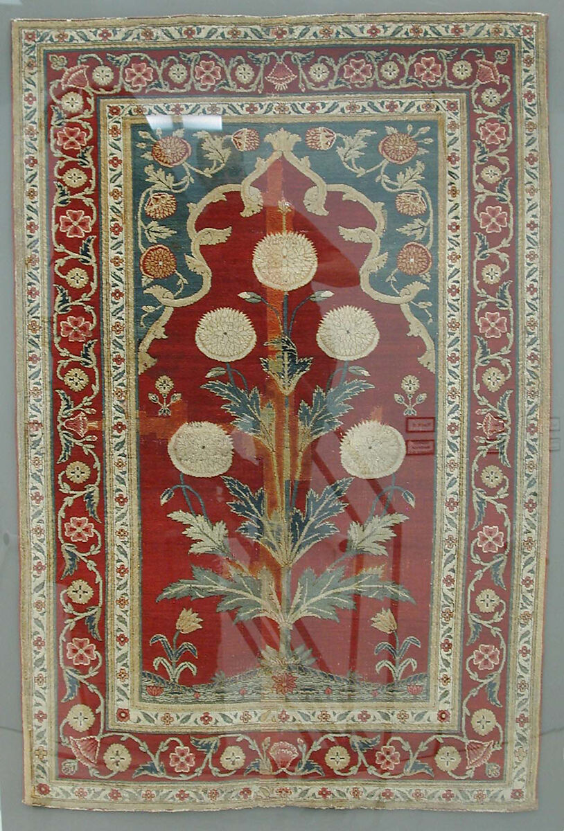 Carpet with Niche and Flower Design, Cotton (warp and weft), silk (weft), wool (pile); asymmetrically knotted pile