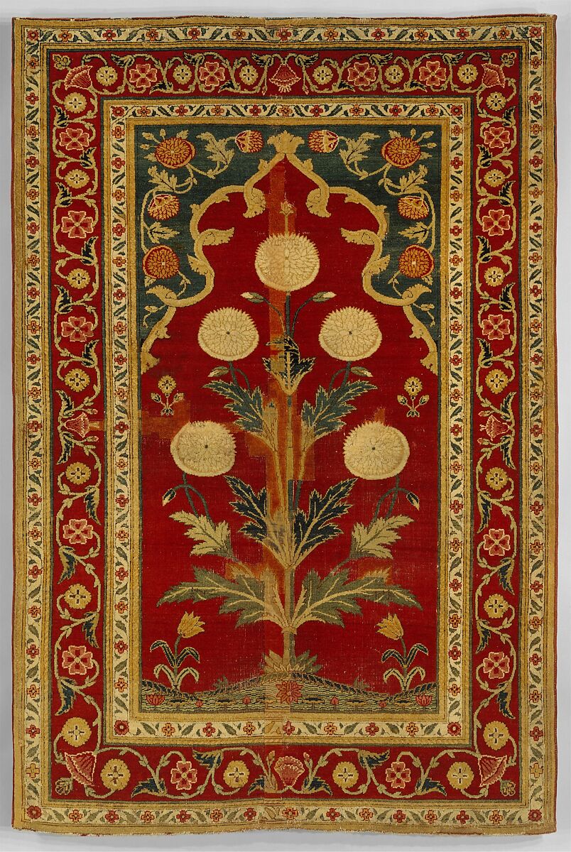 Carpet with Niche and Flower Design, Cotton (warp and weft), silk (weft), wool (pile); asymmetrically knotted pile