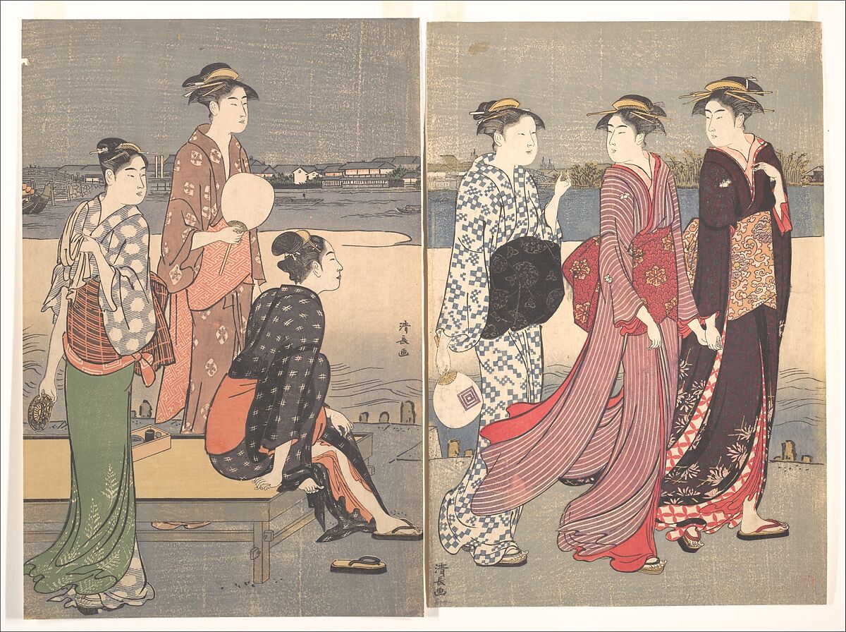 Enjoying the Evening Cool on the Banks of the Sumida River, Torii Kiyonaga (Japanese, 1752–1815), Diptych of woodblock prints (nishiki-e); ink and color on paper, Japan 