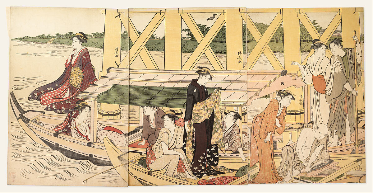 A Boating Party under Azuma Bridge, Torii Kiyonaga (Japanese, 1752–1815), Triptych of woodblock prints; ink and color on paper, Japan 